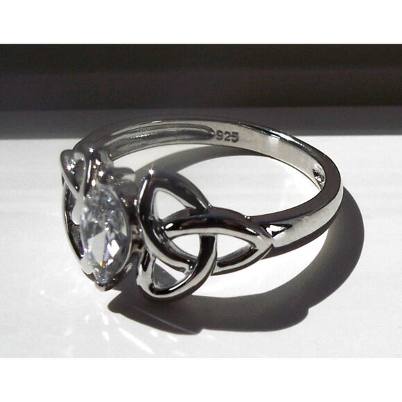 925 STERLING SILVER Dainty Celtic Triquetra Marquise Cubic Zirconia Ring - Picture 10 of 16